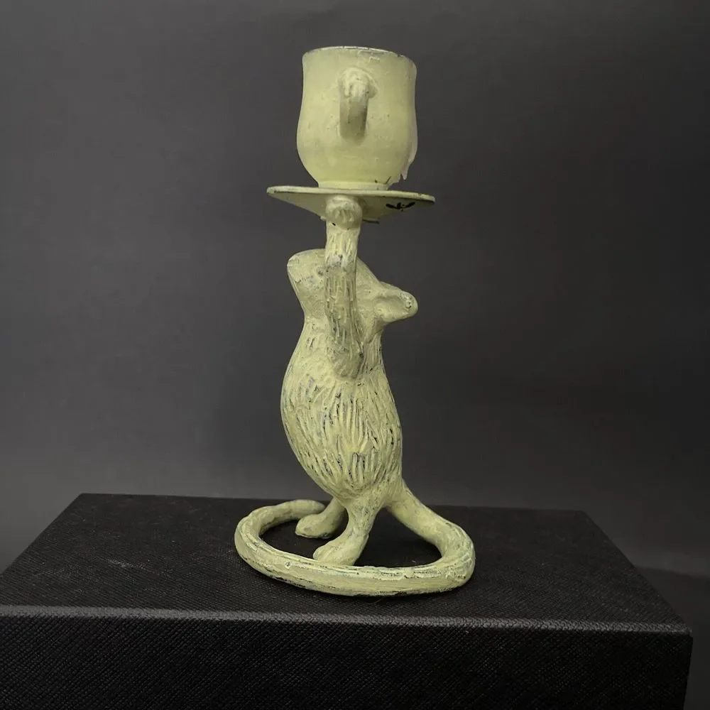 Painted Solid Brass Mouse w teacup Candle Stick Holder- 5-1/2